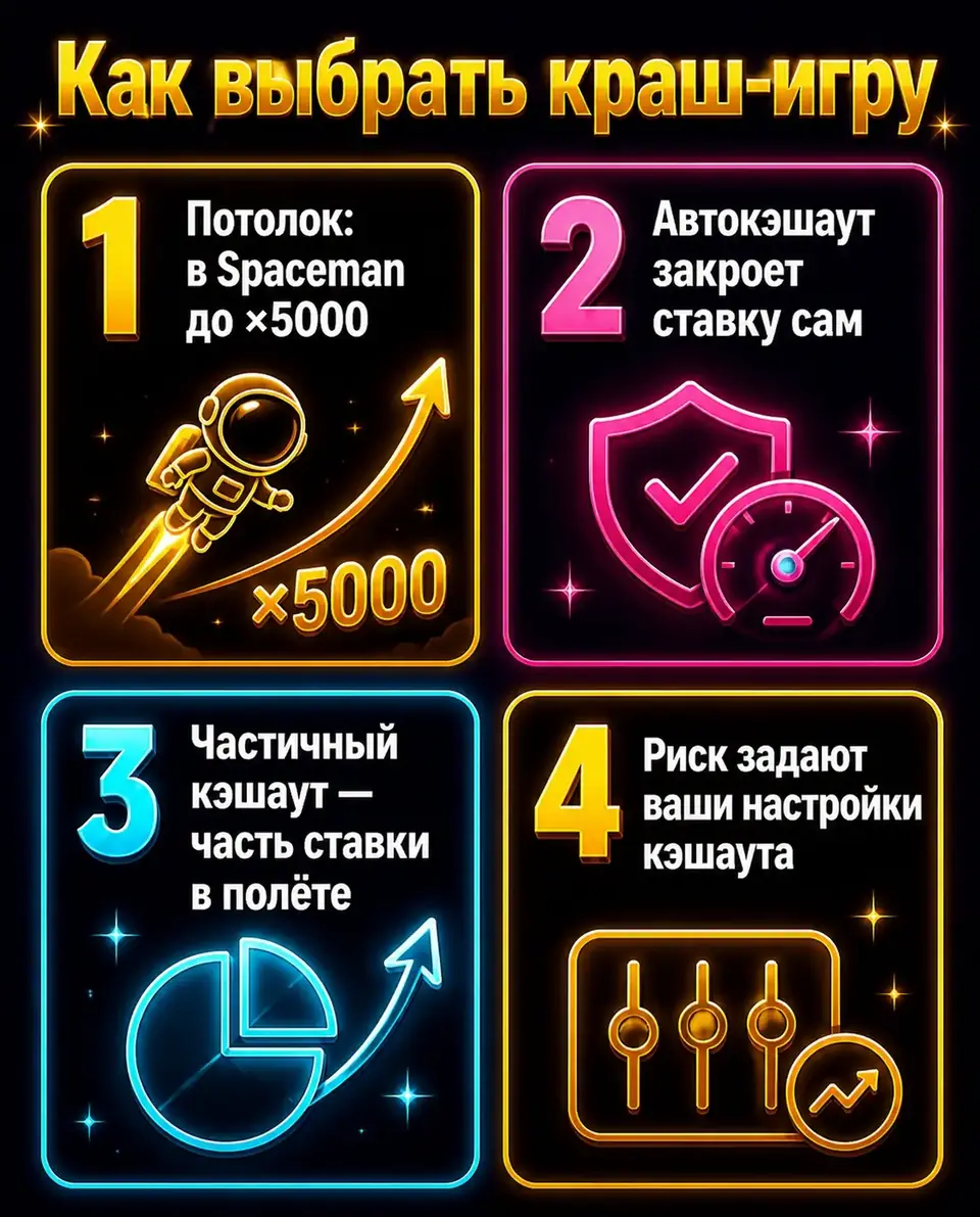 Карточки с критериями выбора краш-игры и уровня риска