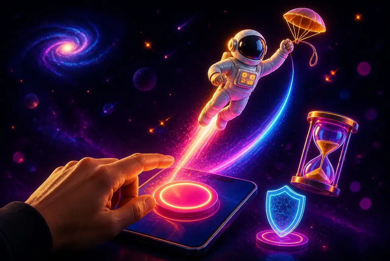 Космонавт на растущей кривой и смартфон с кнопкой остановки