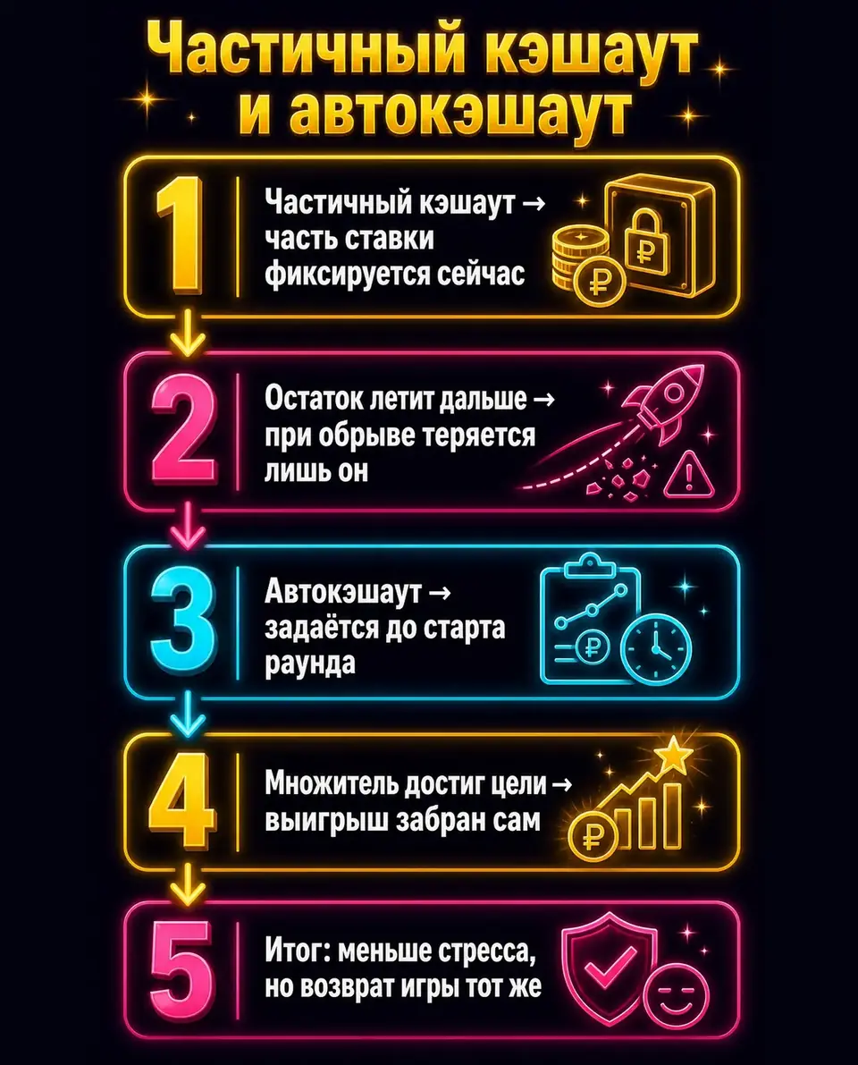 Схема работы частичного кэшаута и автокэшаута в Spaceman