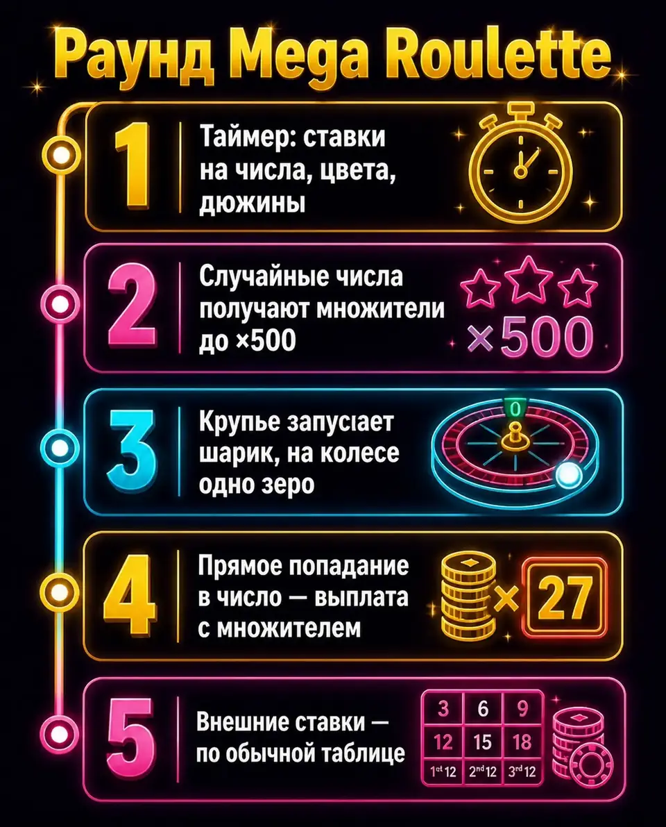 Как проходит раунд Mega Roulette с мега-множителями