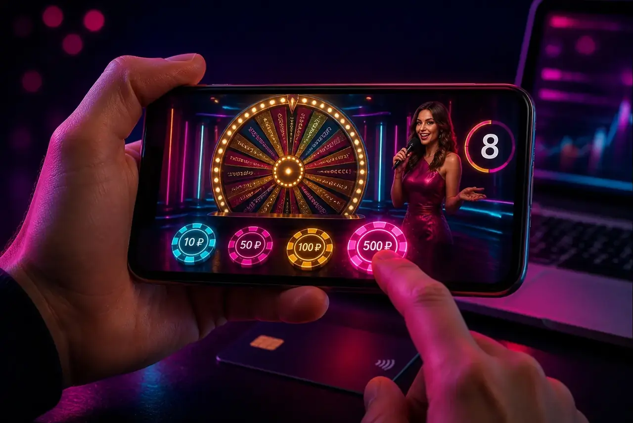 Ставка в Mega Wheel со смартфона во время прямого эфира
