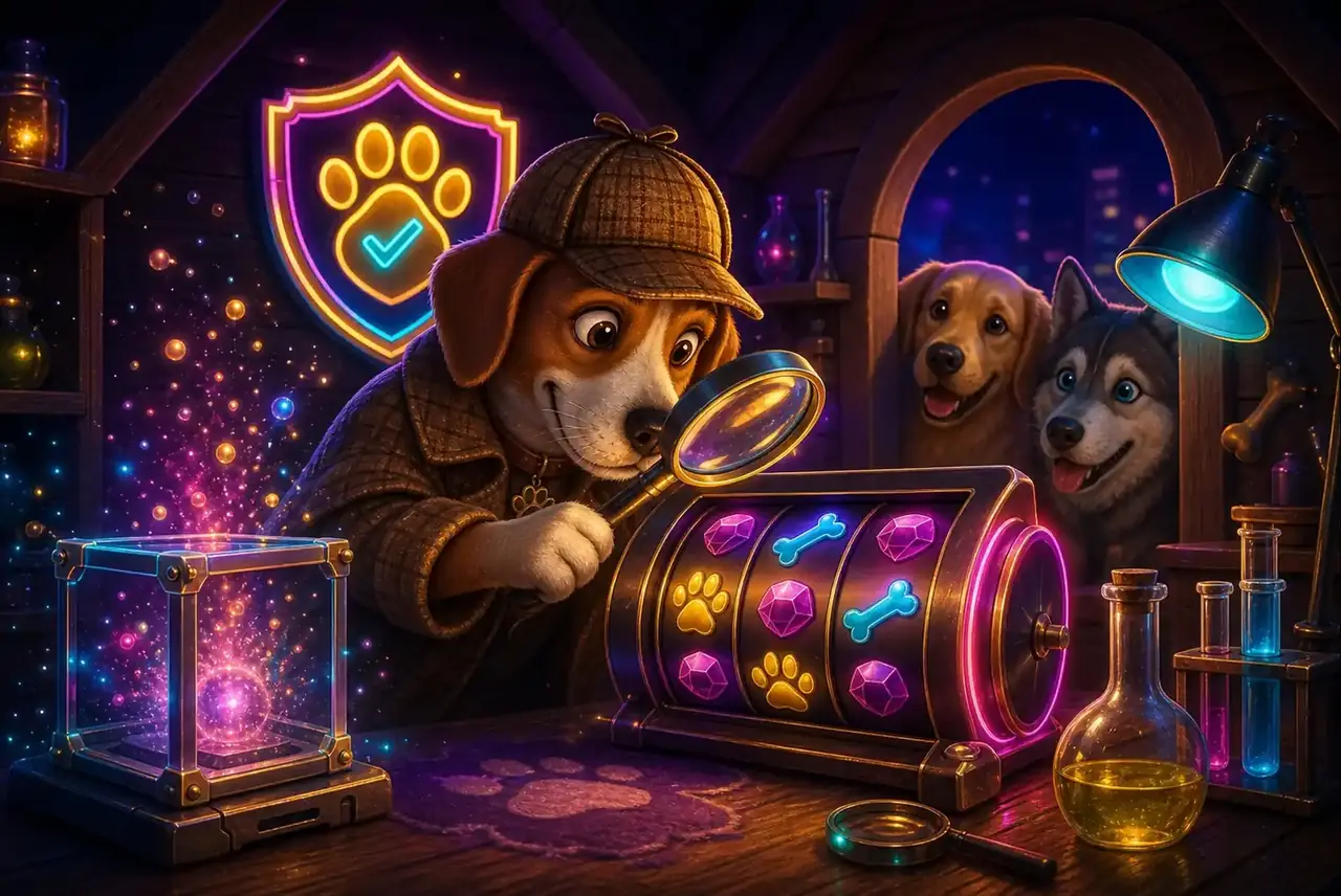 Пёс-детектив из The Dog House проверяет барабан слота лупой