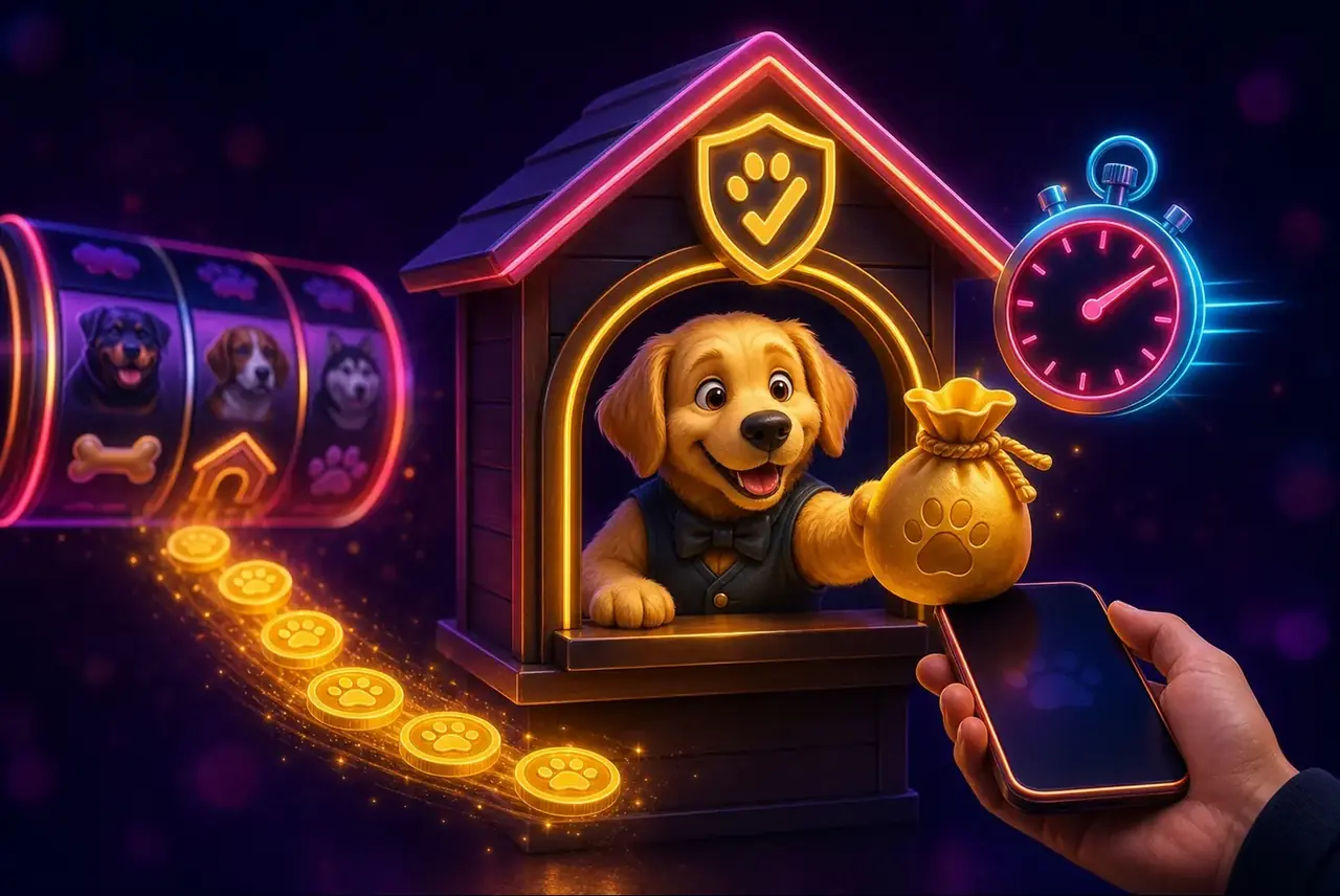 Пёс-кассир у окошка выплат передаёт выигрыш на смартфон игрока