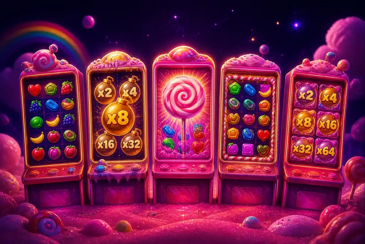 Пять автоматов серии Sweet Bonanza на конфетном холме