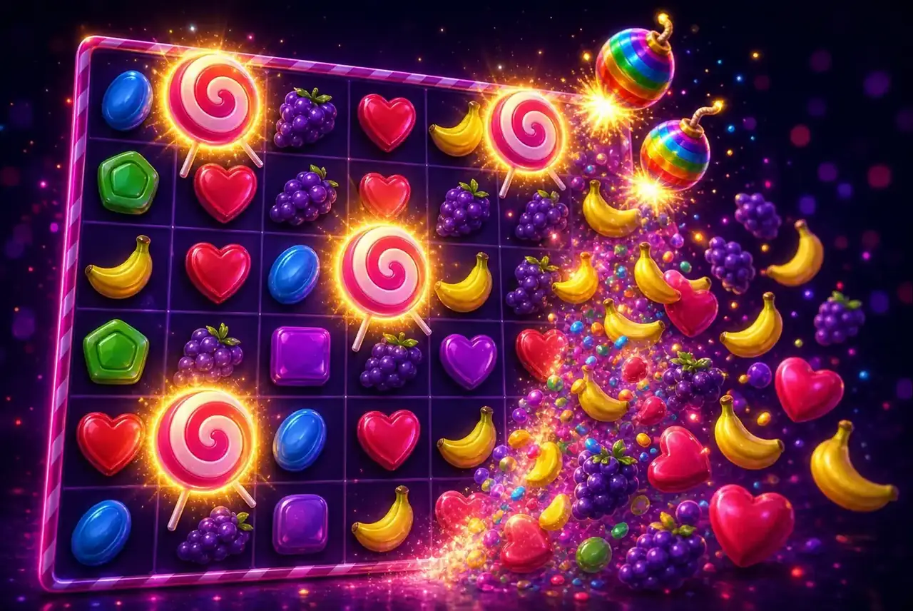 Бонус Sweet Bonanza: леденцы-скаттеры и бомбы-множители на каскаде