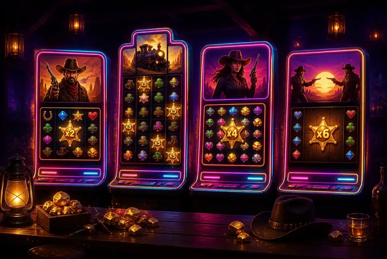 Четыре автомата серии Wild West Gold в салуне с липкими вайлдами
