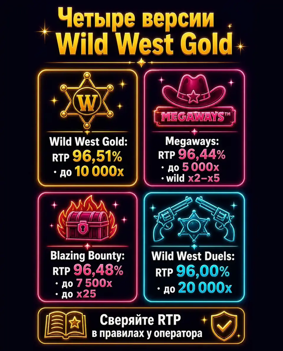 Карточки версий Wild West Gold: RTP и максимальный выигрыш