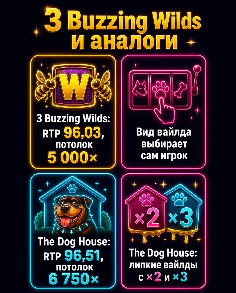 Сравнение 3 Buzzing Wilds с The Dog House по RTP и потолку