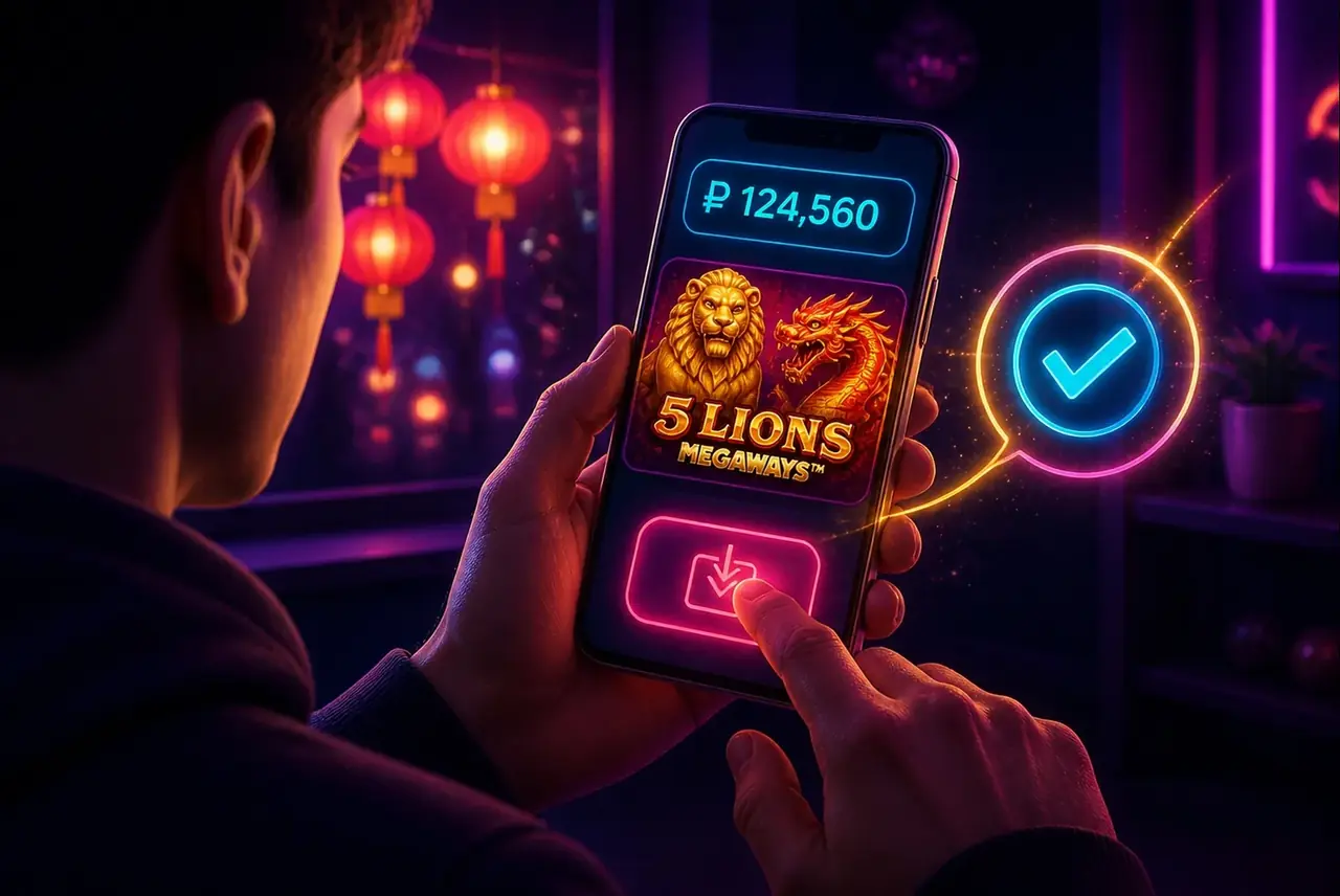 Игрок пополняет счёт в рублях и запускает 5 Lions Megaways