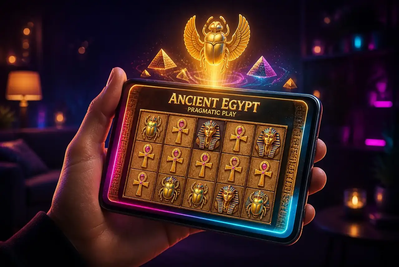 Рука держит смартфон с запущенным слотом Ancient Egypt на экране