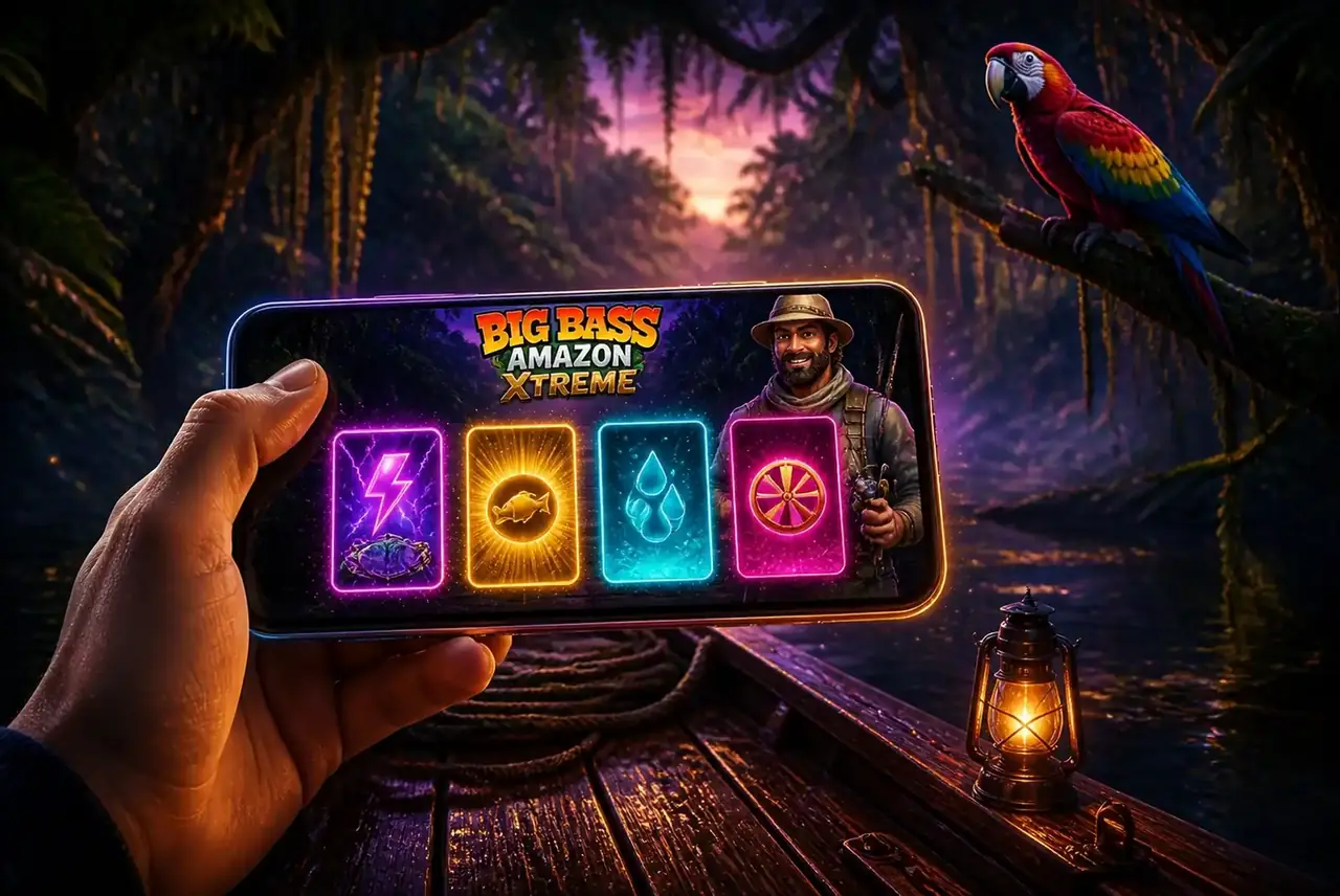 Экран выбора модификаторов Big Bass Amazon Xtreme на смартфоне на реке