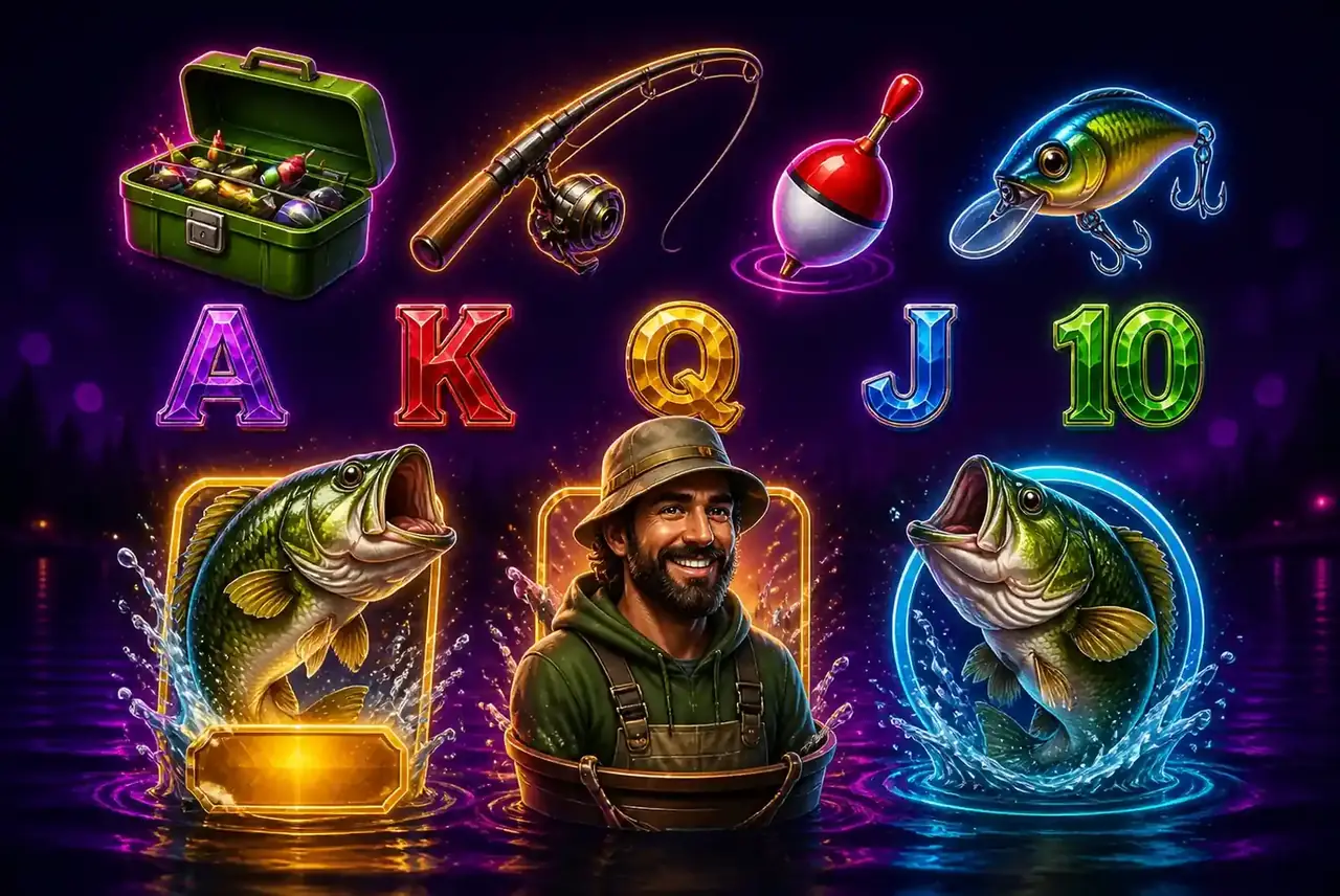 Символы Big Bass Bonanza: снасти, денежная рыба, рыбак-Wild и скаттер