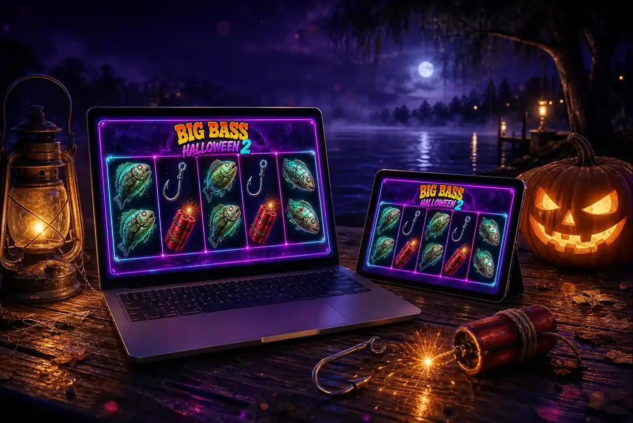 Ноутбук и планшет со слотом Big Bass Halloween 2 у озера