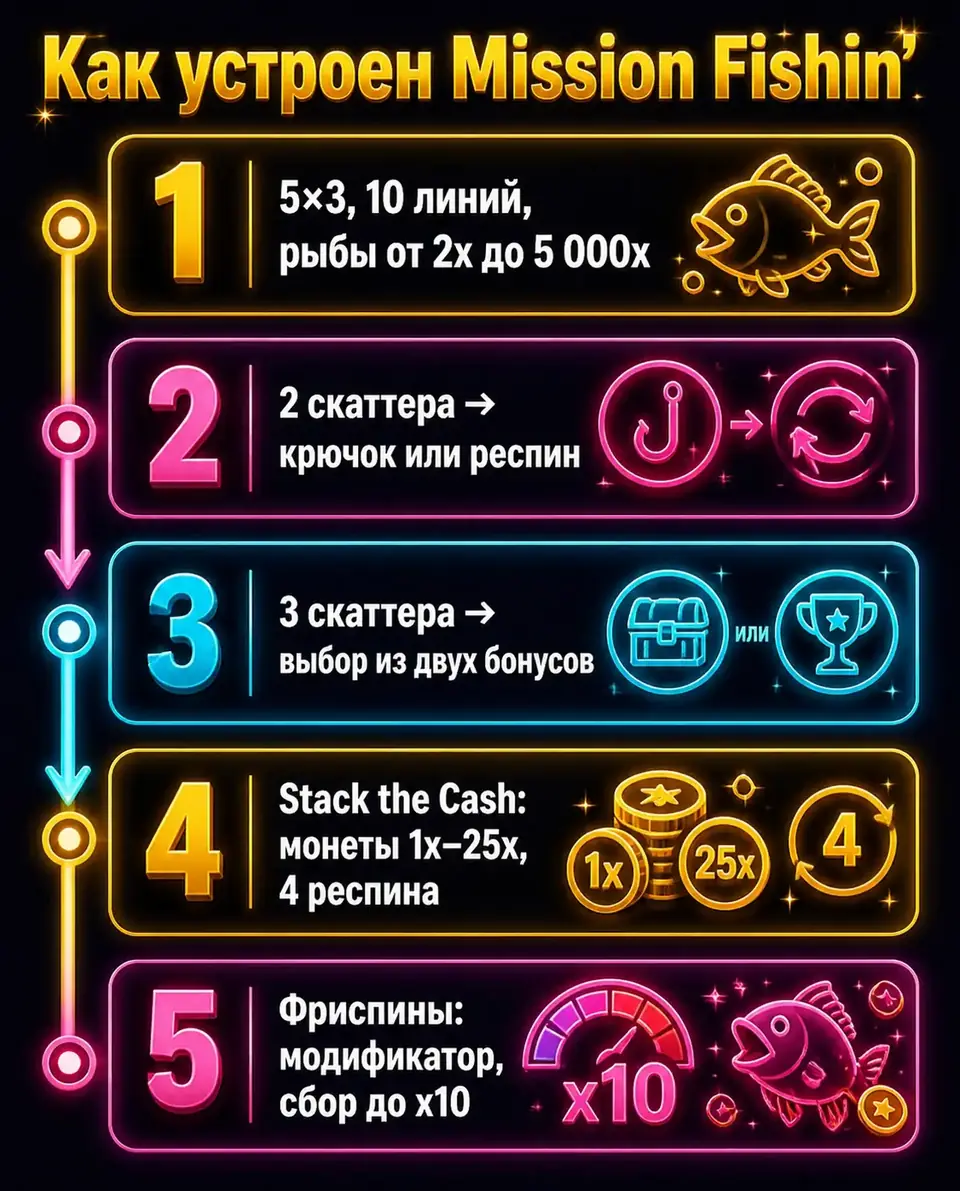 Схема механики Big Bass Mission Fishin' с выбором бонуса
