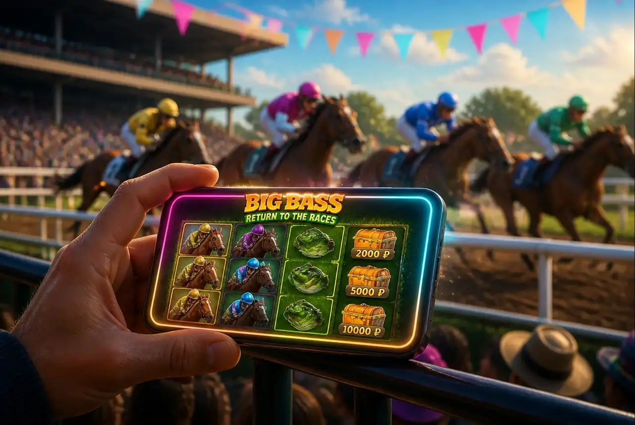 Big Bass Return to the Races на телефоне у трибуны ипподрома
