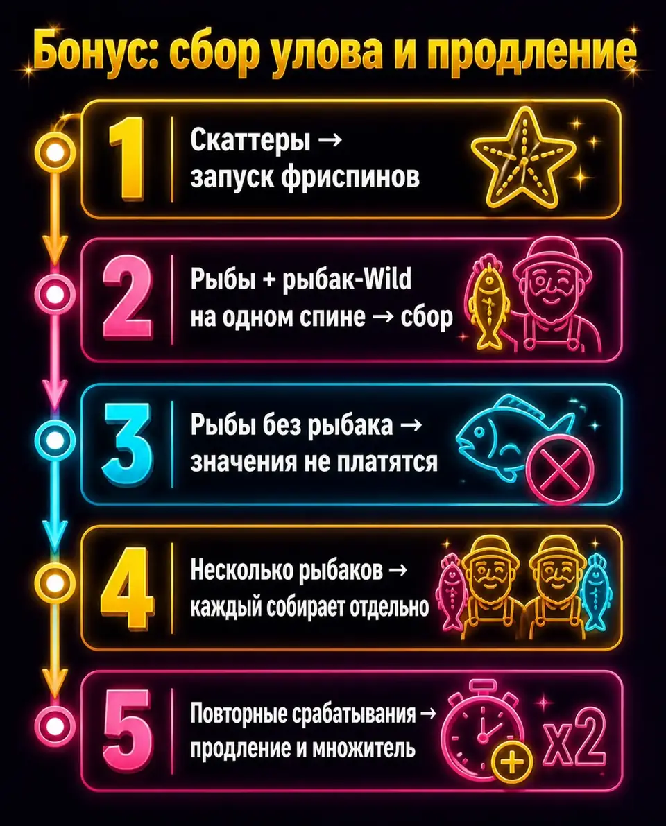 Схема бонуса Bigger Bass Bonanza: сбор рыб рыбаком и продление раунда