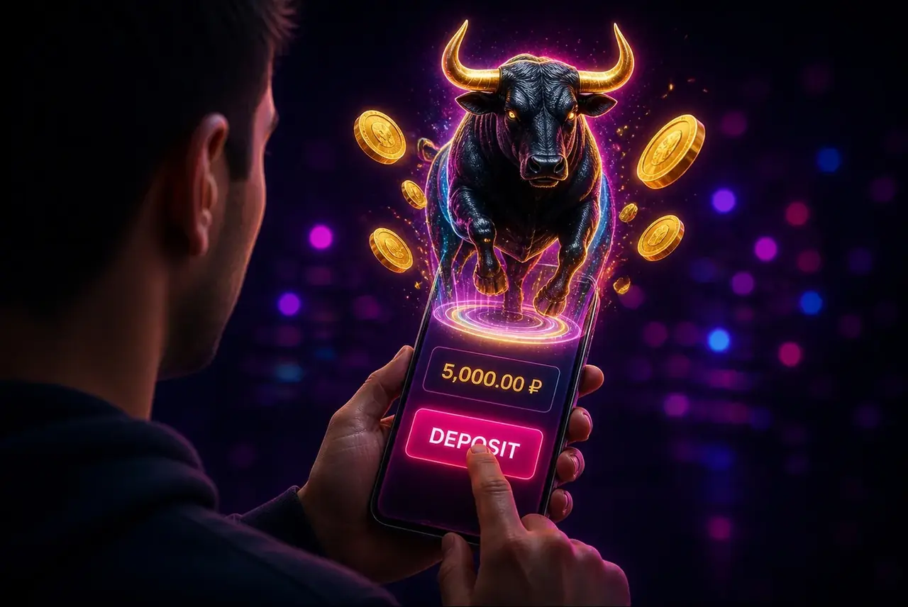 Игрок пополняет счёт со смартфона перед запуском слота Black Bull