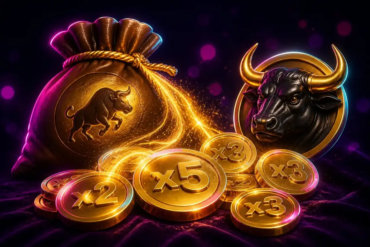 Символы Black Bull: золотые монеты, мешок-вайлд и голова быка