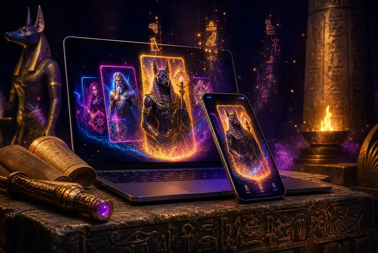 Ноутбук и телефон на каменном алтаре с игрой Book of the Fallen