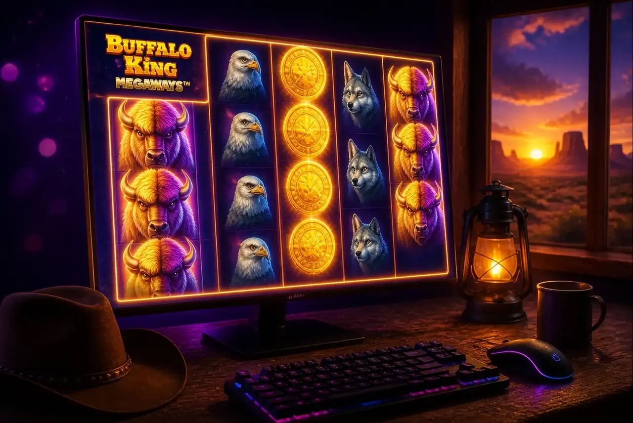 Демо Buffalo King Megaways на мониторе в стиле ранчо
