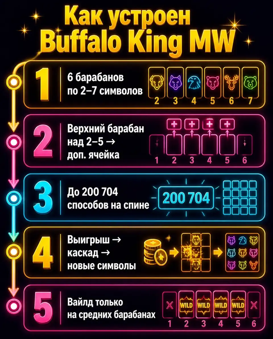 Схема механики Buffalo King Megaways: способы и каскады