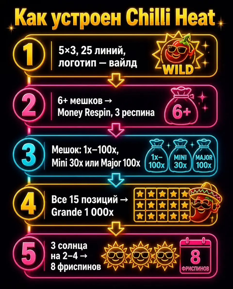 Схема механики Chilli Heat: Money Respin и фриспины