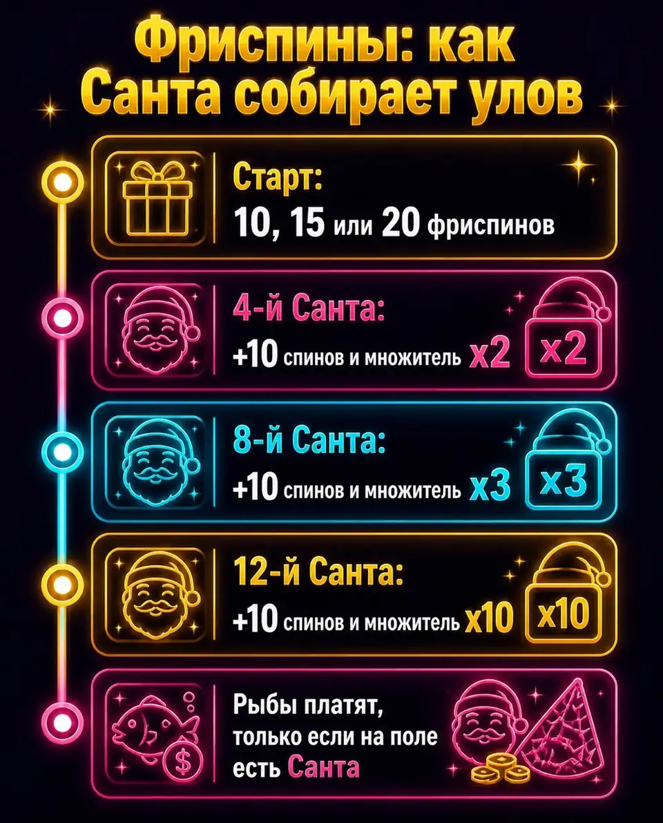 Лестница множителей бонуса Christmas Big Bass Bonanza за собранных Сант