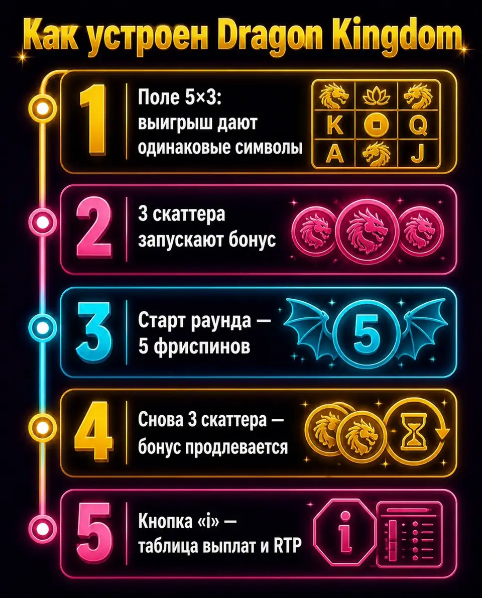 Пошаговая схема правил и фриспинов слота Dragon Kingdom