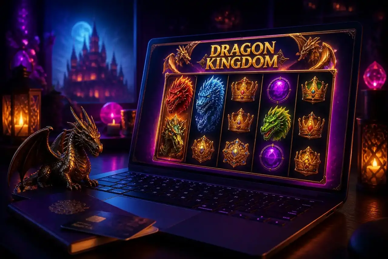 Ноутбук со слотом Dragon Kingdom, паспорт и карта перед началом игры