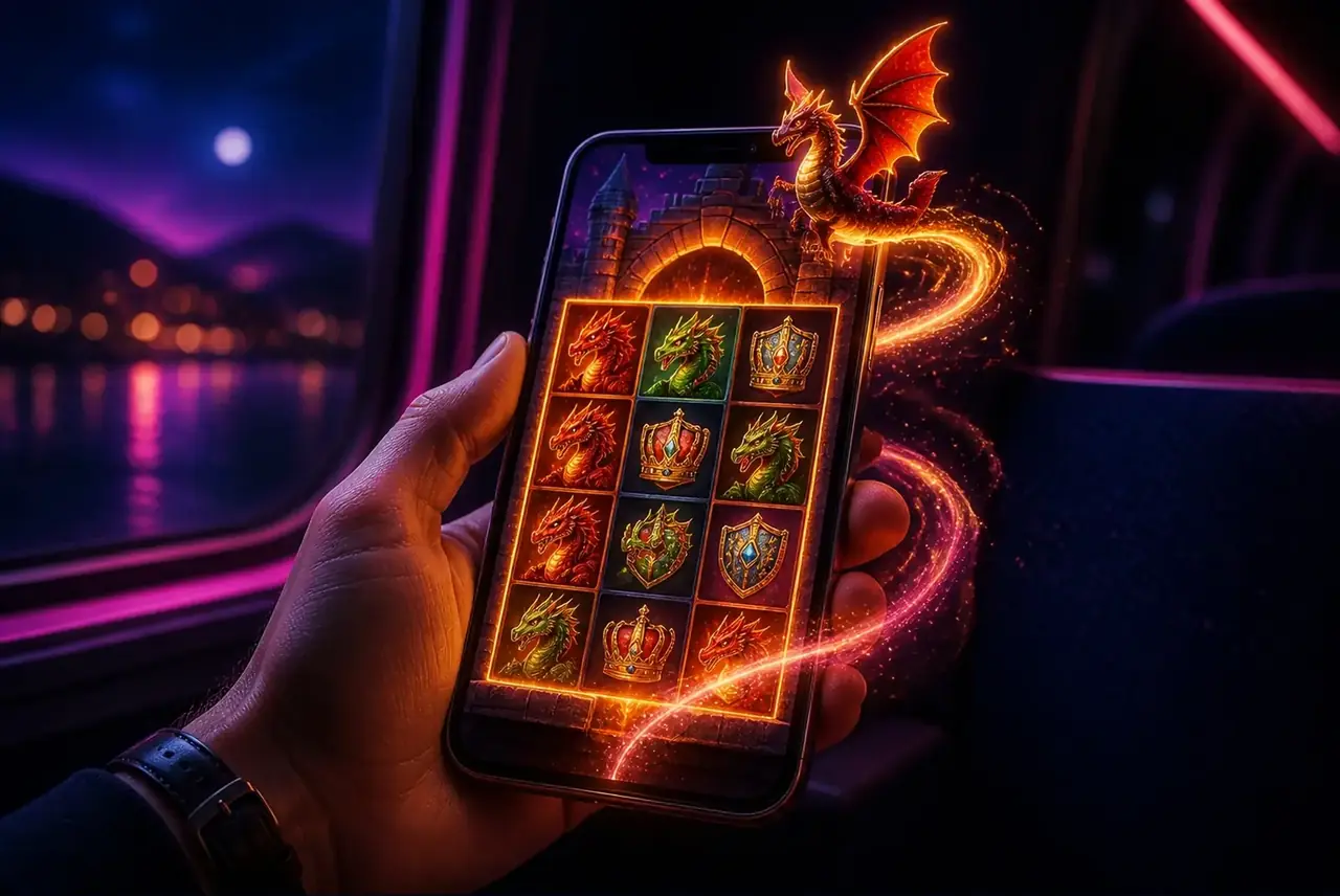 Слот Dragon Kingdom на экране смартфона в вертикальном положении