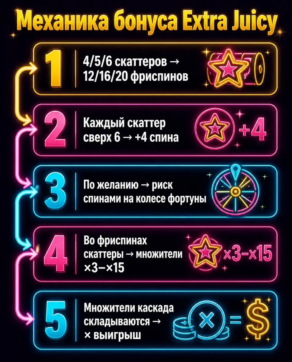 Схема бонусного раунда Extra Juicy Megaways с колесом и множителями