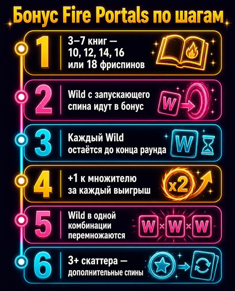 Таймлайн фриспинов Fire Portals с липкими порталами