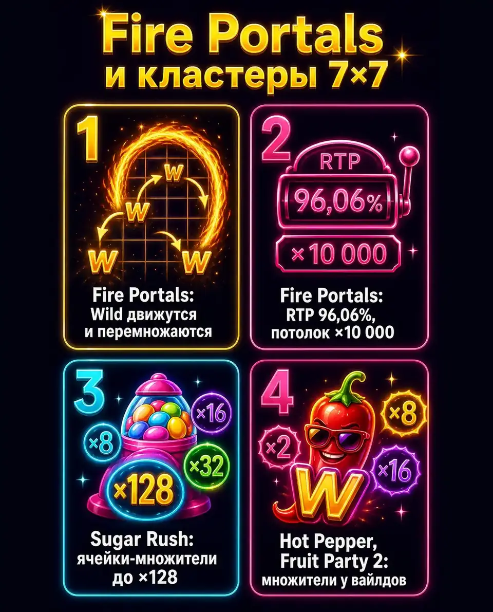 Карточки сравнения Fire Portals с другими кластерными слотами 7×7
