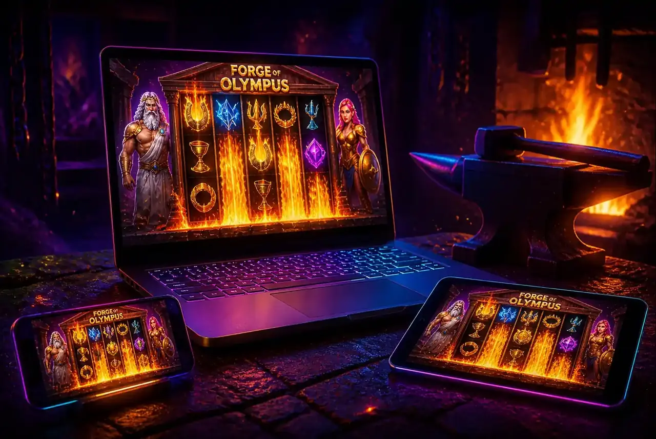 Forge of Olympus на ноутбуке, планшете и телефоне в мастерской