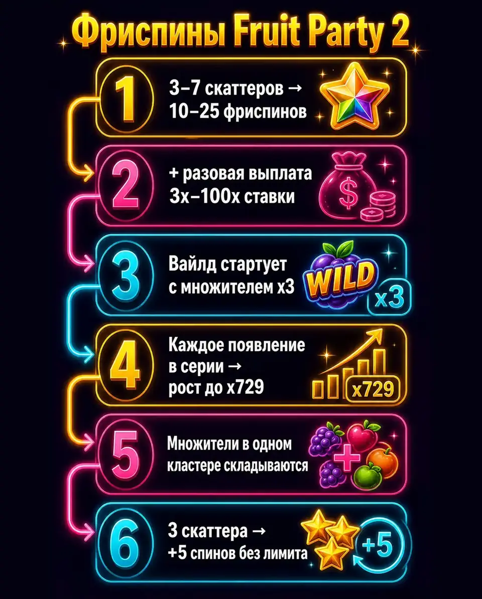 Схема бонуса Fruit Party 2: скаттеры, вайлды с растущими множителями