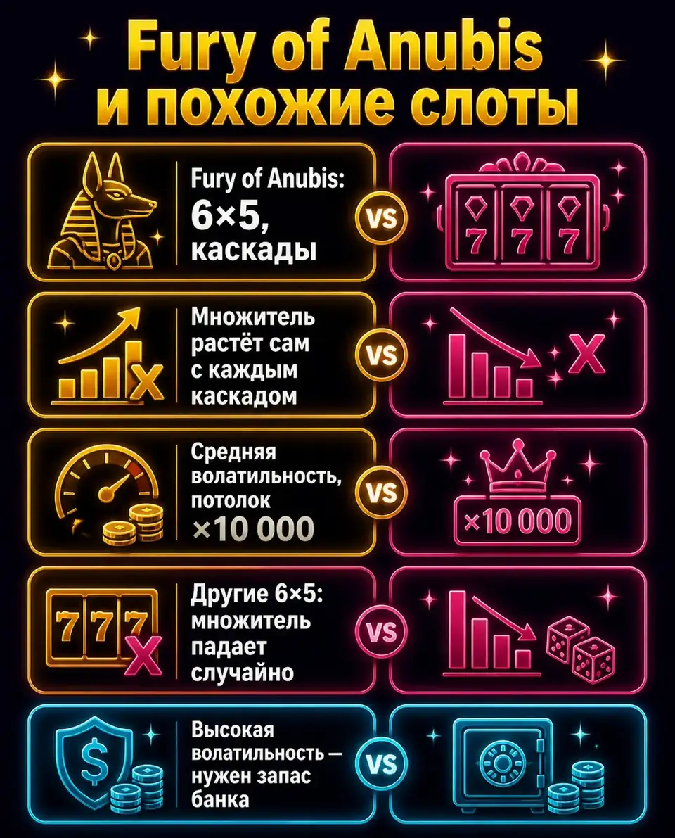 Сравнение Fury of Anubis с похожими слотами Pragmatic Play на сетке 6×5