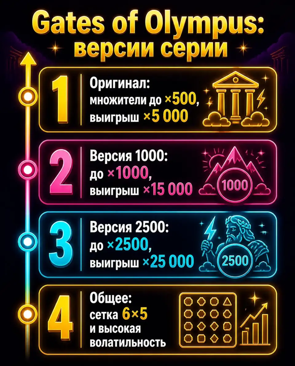 Лестница версий Gates of Olympus по множителям и максимальному выигрышу