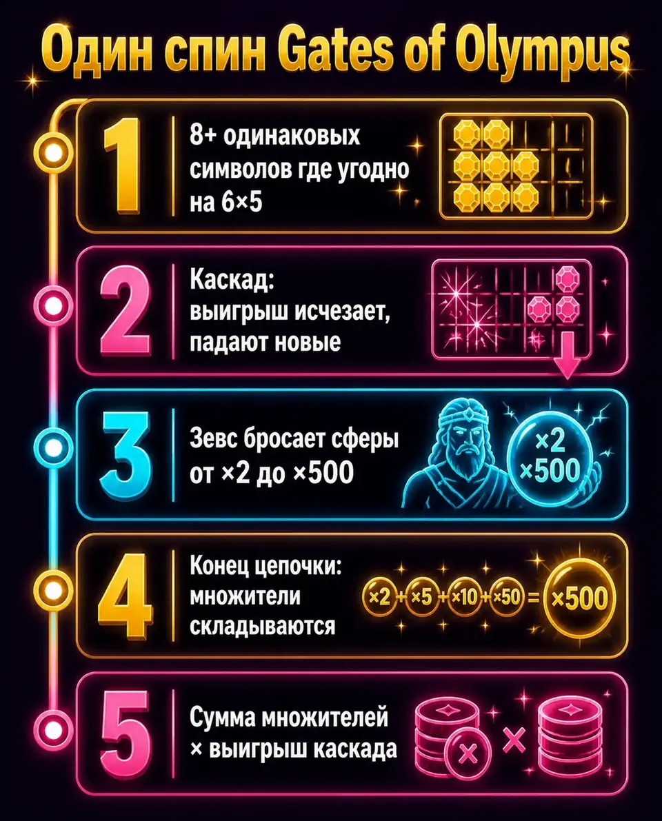 Таймлайн спина Gates of Olympus: каскады и сферы-множители Зевса