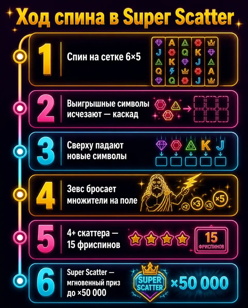Таймлайн спина в Gates of Olympus Super Scatter: каскады, множители, Super Scatter
