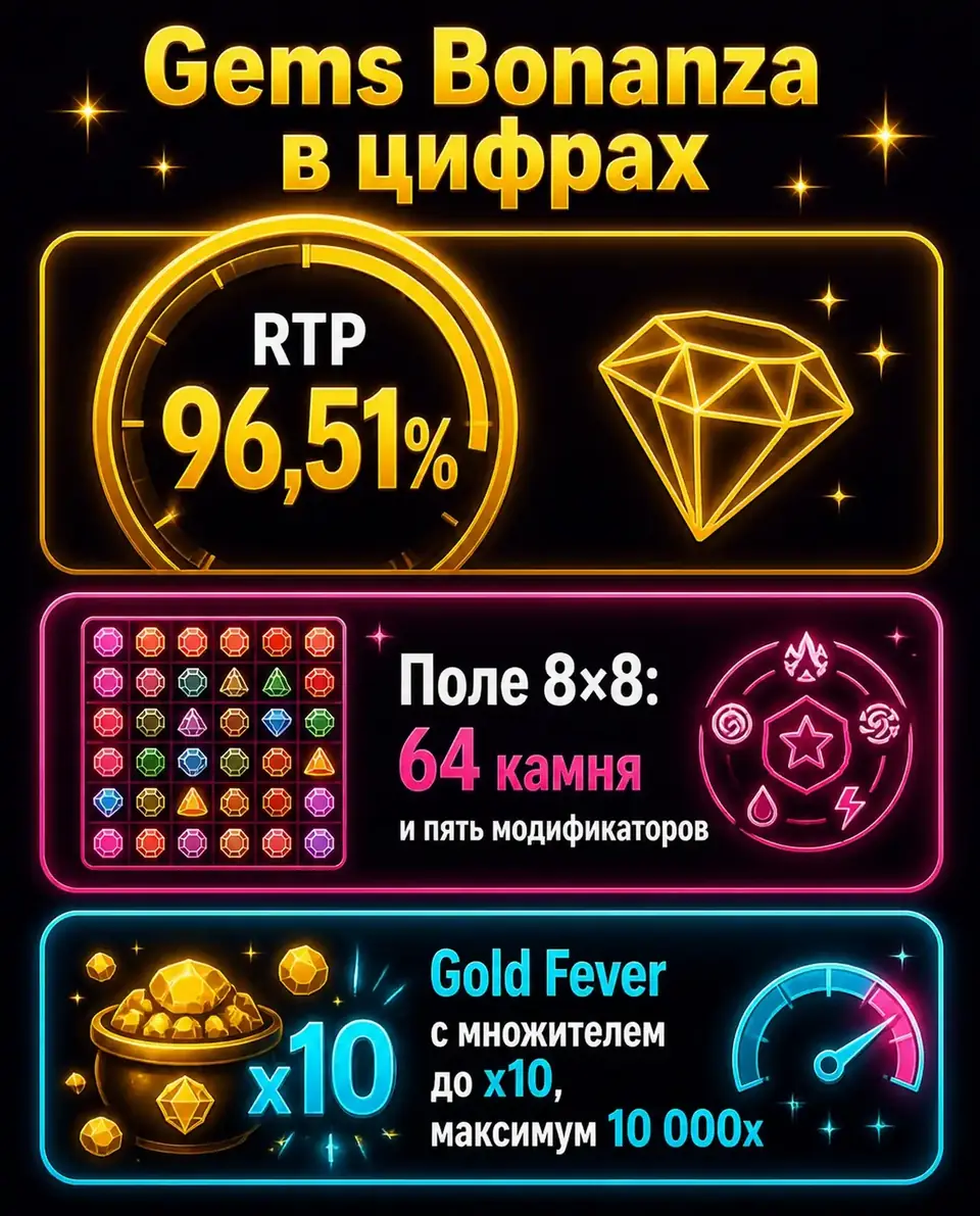 Ключевые показатели Gems Bonanza: RTP, поле и максимальный выигрыш