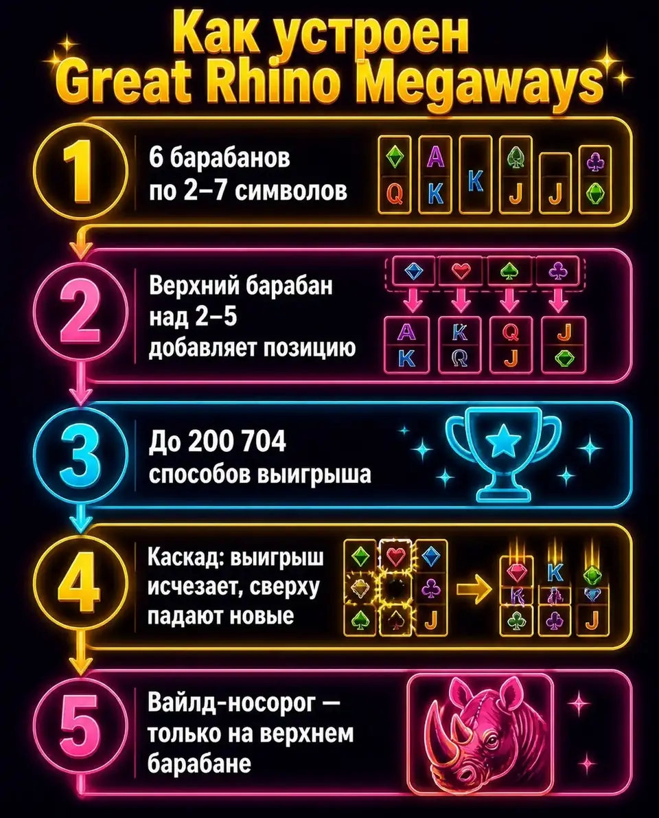 Схема Megaways в Great Rhino: барабаны, верхний ряд, каскады и вайлд