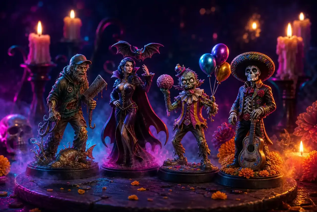 Герои хэллоуинских слотов в виде фигурок на столе со свечами