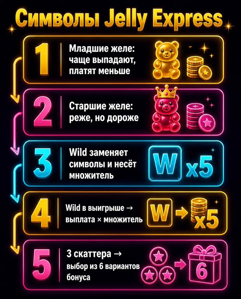 Схема символов Jelly Express: младшие, старшие, Wild и скаттер