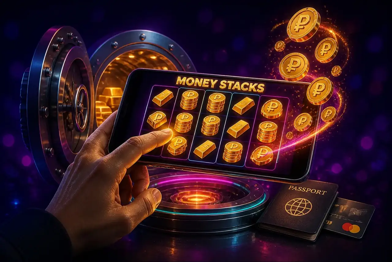 Смартфон с Money Stacks у открытой двери хранилища с монетами