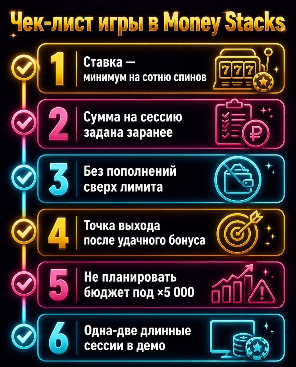 Чек-лист ставки, бюджета и лимитов для слота Money Stacks