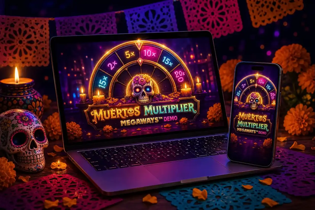 Ноутбук и телефон с демо Muertos Multiplier Megaways