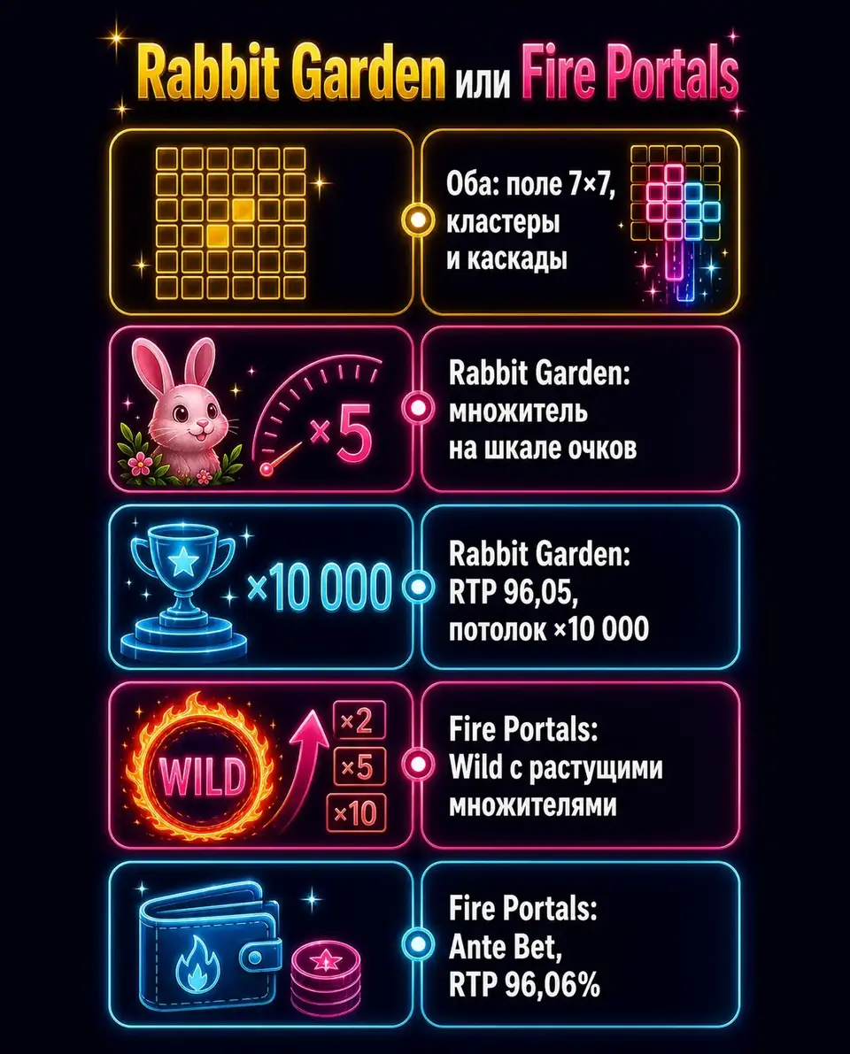 Сравнение кластерных слотов Rabbit Garden и Fire Portals