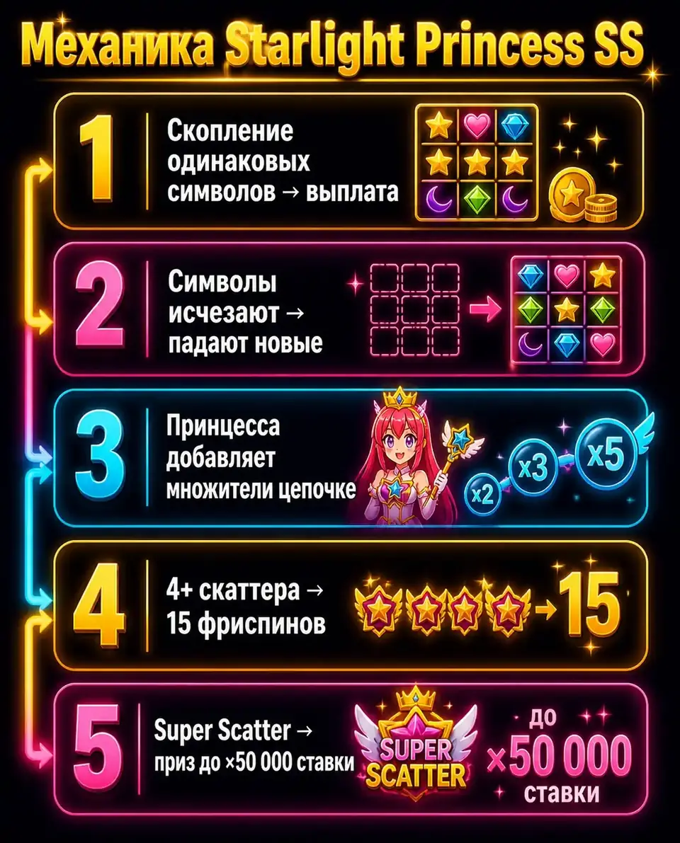 Схема механики Starlight Princess Super Scatter: каскады, множители, Super Scatter