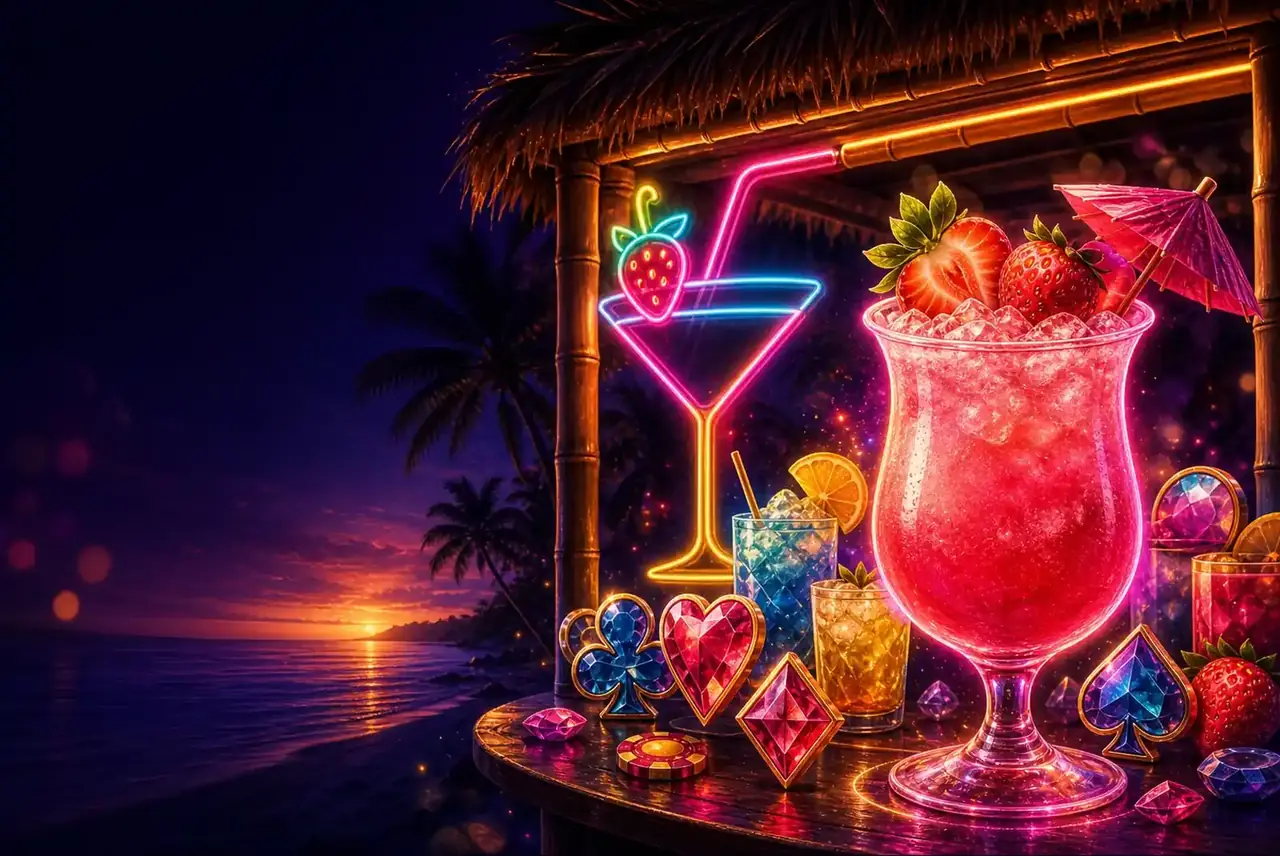 Розовый клубничный коктейль в пляжном баре на закате — Strawberry Cocktail