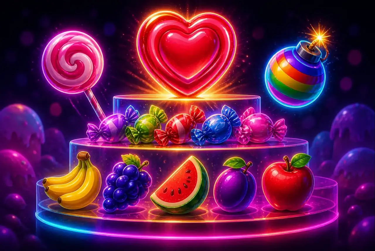 Символы Sweet Bonanza 1000: фрукты, конфеты и красное сердечко